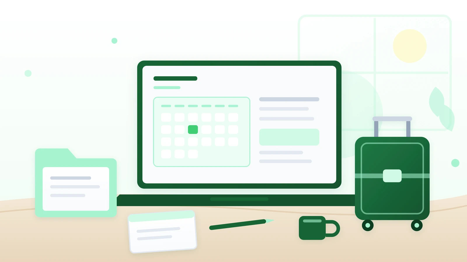 Mesa de trabajo con un portátil, una carpeta verde menta y notas en blanco